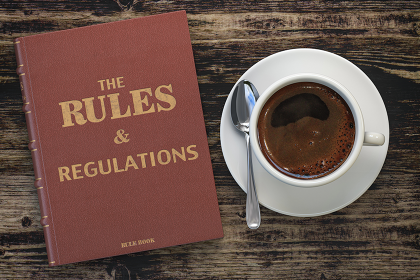 rules regulation book cofee cup